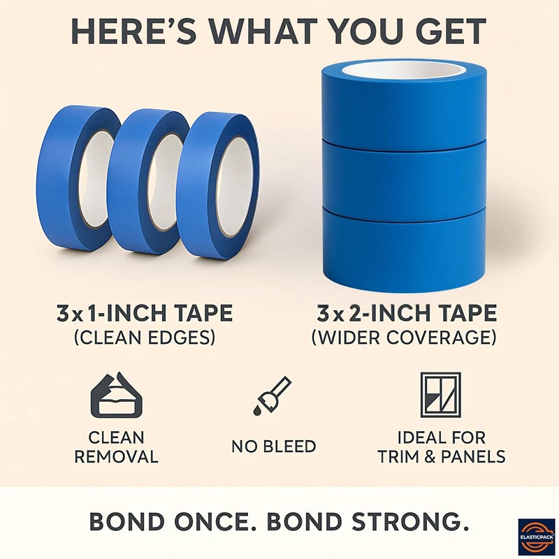 Elasticpack Painters Tape Dual Width 6-Pack - 3×1" + 3×2", 55 yd ea - Clean Removal Masking Tape for Accent Wall & Geometric Painting, Indoor Trim, Furniture & DIY - UV Resistant, Crepe Paper, Blue - Image 3